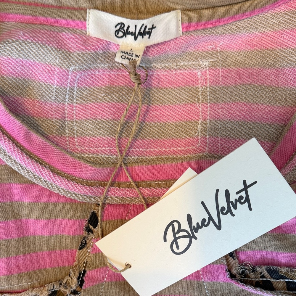 Womens Blue Velvet pink Brown Striped Star Patch Top Large has pockets - Picture 7 of 8